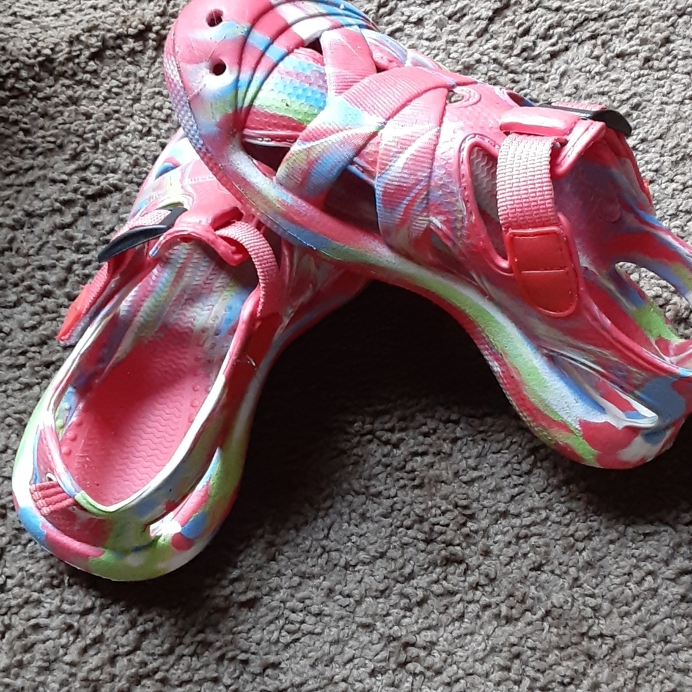 Multicolored croc like shoes